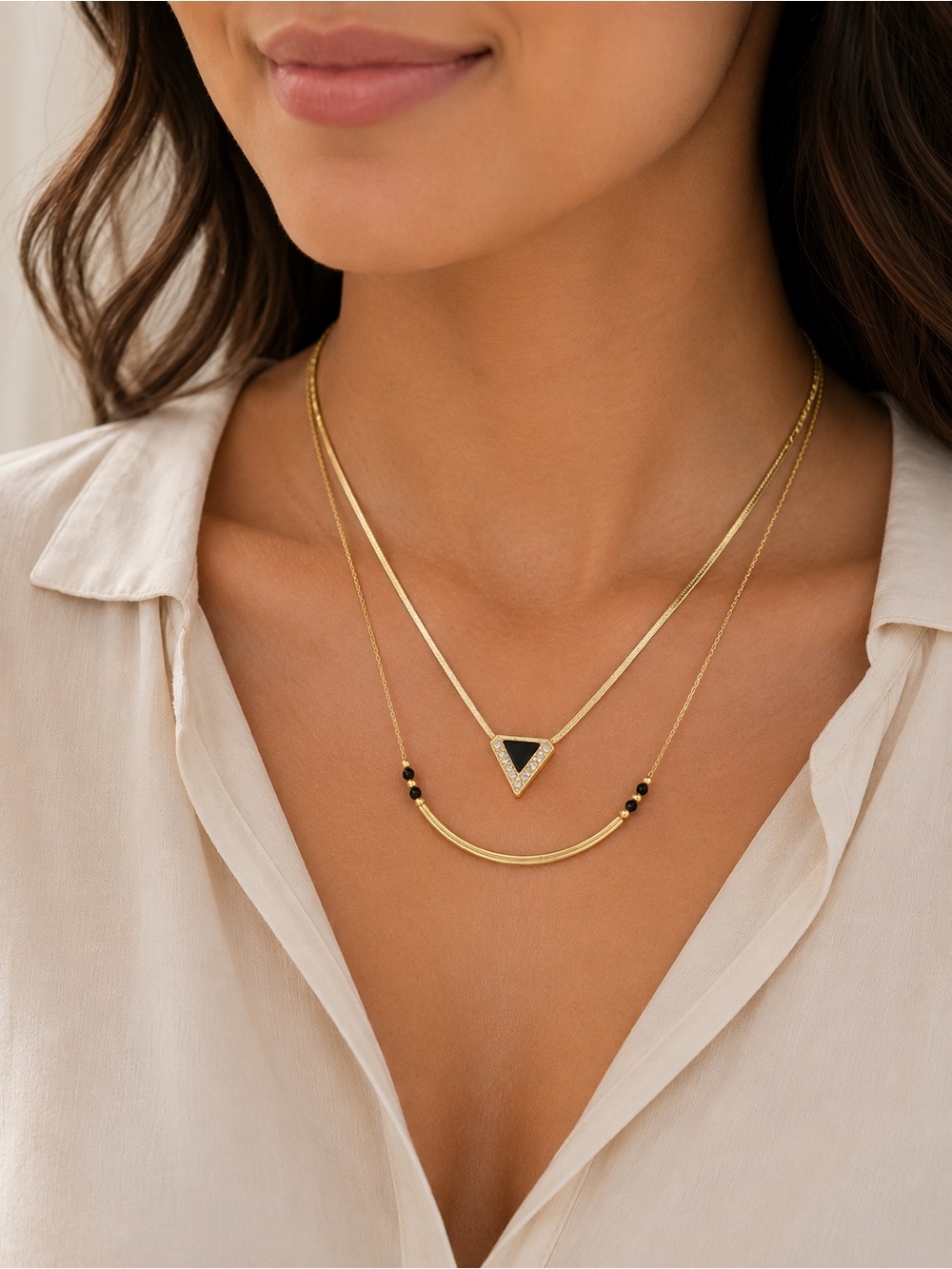 Vintage Gold Tone Layered Necklace Set Black Bead Rhinestone Triangle Pendant